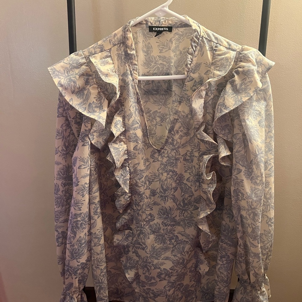 Express Ruffled Floral Blouse - Cream and Blue